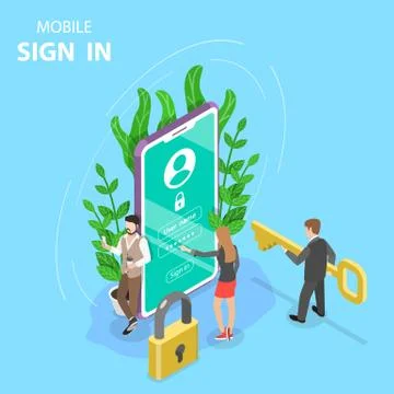 Mobile sign up isometric flat vector concept. Illustrazione stock