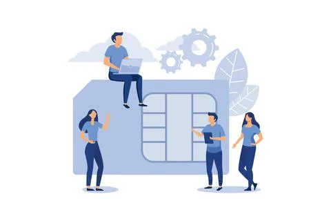 Mobile sim card, microcircuit, mobile phone communication scheme flat vector  Stock Illustration