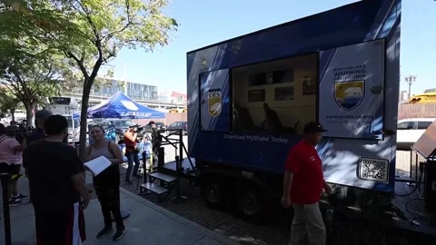 Mobile simulation unit helps Californians to prepare for earthquake drill, Los Á Stock Footage 219521015