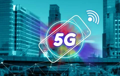 Mobile smart phone with 5G network interface and icon concept and cityscape Stock Photos