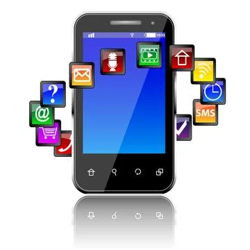 Mobile smart phone with software apps icons around Stock Illustration