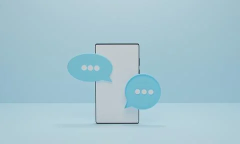 Mobile smartphone and chat bubbles on blue pastel background. Mockup minimal  Ilustração Stock