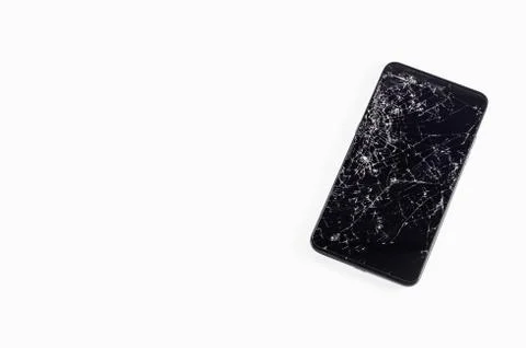 Mobile smartphone with broken touch screen isolated on white background. Fotos Stock