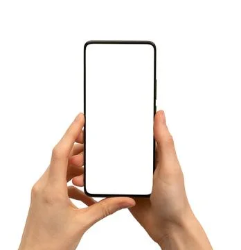 Mobile smartphone in hands mockup vertical isolated on white background. Ce.. Foto stock