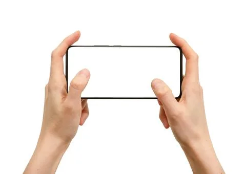 Mobile smartphone held horizontally with two hands thumbs mockup isolated o.. Foto stock