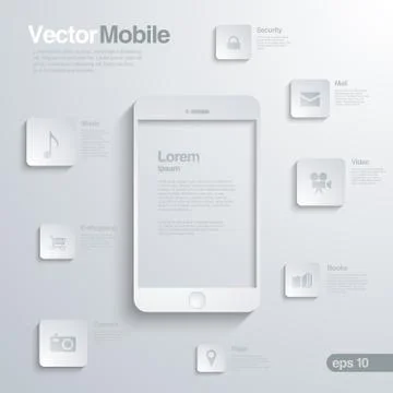 Mobile smartphone with icon interface.  infographics vector template. Stock Illustration