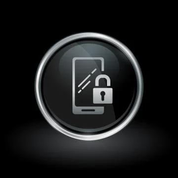 Mobile smartphone security icon inside round silver and black emblem Stock Illustration