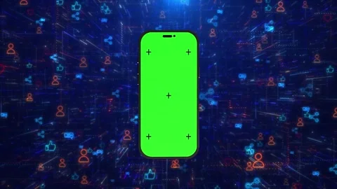 Mobile social app chroma visual green phone screen, tracking crosses, Video stock 340527548