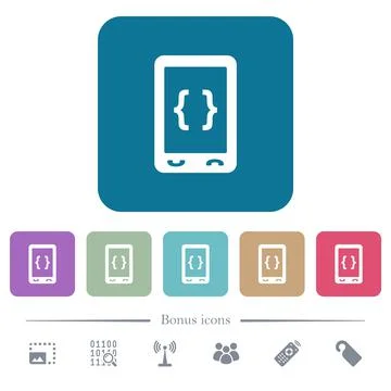 Mobile software development flat icons on color rounded square backgrounds Illustrazione stock