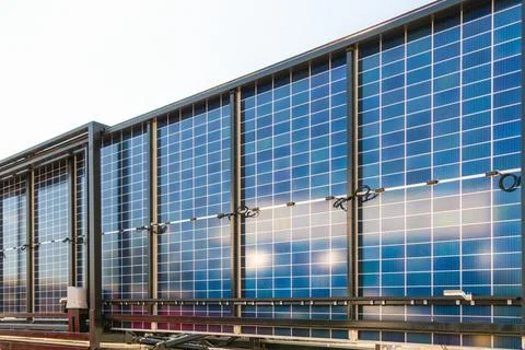 Mobile solar unit. Rear view of mobile solar energy plant. Stock Photos