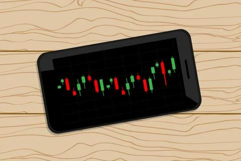 Mobile stock graph on wood table. Stock Illustration