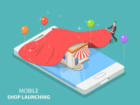 Mobile store app launching flat isometric vector concept Stock Illustration