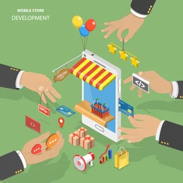 Mobile store development flat isometric low poly vector concept. イラスト素材