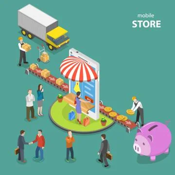 Mobile store flat isometric low poly vector concept. Stock-Illustration
