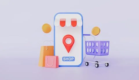 Mobile store with Location pins and shopping carts, shopping bags and coins Stock Illustration