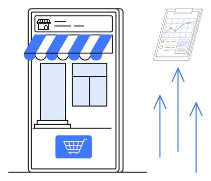 Mobile storefront with awning and chart clipboard symbolizing e-commerce growth Stock Illustration