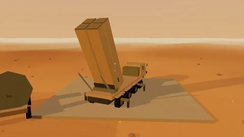 Mobile surface to air missile launcher battery desert site Stock Footage 341052970