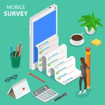 Mobile survey flat isometric vector concept. Stock Illustration