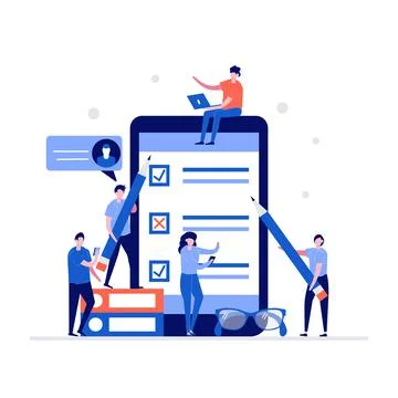 Mobile survey vector illustration concept with characters. Modern flat style  Stock Illustration