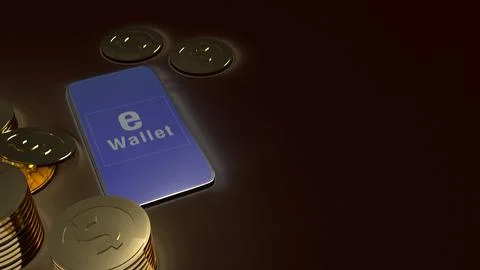 Mobile symbol e wallet and gold coins 3d rendering for e business concept. Stock Illustration