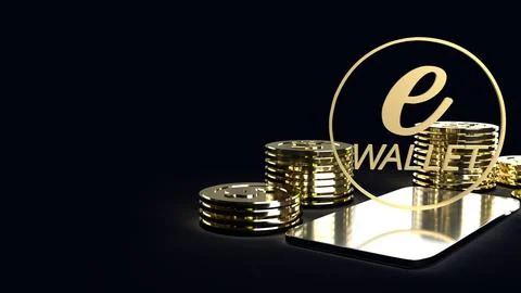 Mobile symbol e wallet and gold coins 3d rendering for e business concept. Stock Illustration