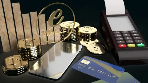 The mobile symbol e wallet  and gold coins 3d rendering for e business concep Fotos de archivo