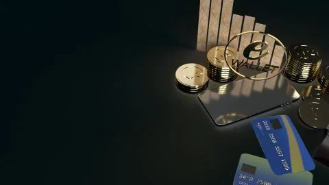 The mobile symbol e wallet  and gold coins 3d rendering for e business concep Fotos de archivo