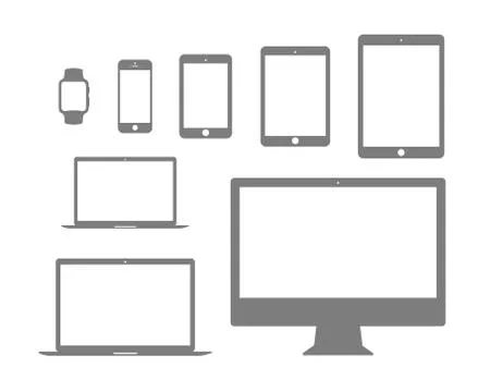 Mobile, tablet, laptop, computer and watch flat icon set Stock Illustration