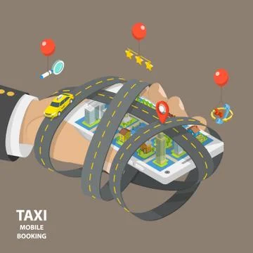 Mobile taxi booking flat isometric low poly vector concept. Stock Illustration