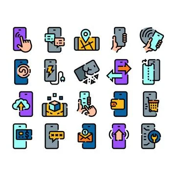 Mobile technology and digital app functions icon set Stock Illustration