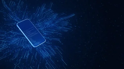Mobile technology circuit visual with blue phone outline, data code display, rad Stock Footage 340554057