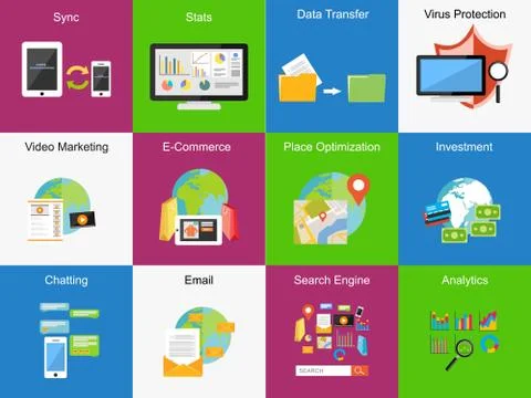 Mobile technology concept illustration. Set of icons. Flat design. Business b Stock Illustration