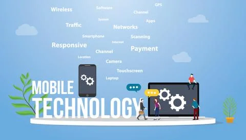 Mobile technology concept with smartphone and laptop with team people with ge Stock Illustration