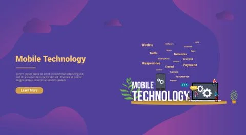 Mobile technology concept with smartphone and laptop with team people for web Stock Illustration