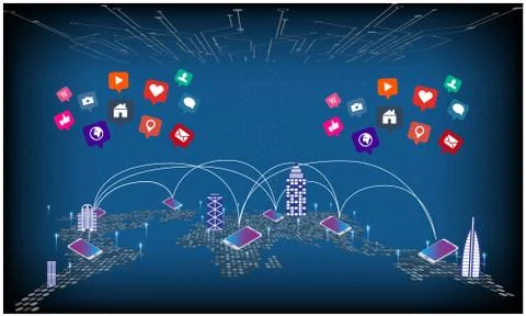 Mobile technology connect the whole world with various applications Illustrazione stock