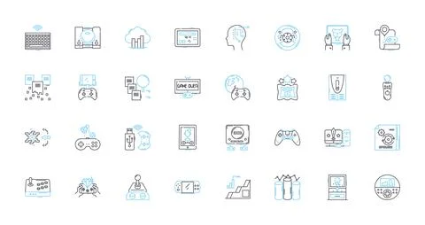Mobile technology linear icons set. Smartph, Tablet, App, Battery, Nerk, Camera Ilustración de archivo
