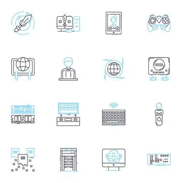 Mobile technology linear icons set. Smartph, Tablet, App, Battery, Nerk, Camera Ilustración de archivo