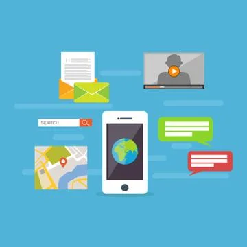 Mobile technology or mobile application concept illustration. Fat design. Stock Illustration