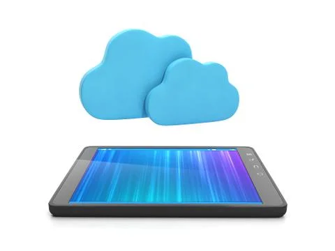 Mobile technology. tablet computer and group of clouds, upload content via th Stock Illustration