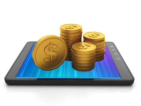 Mobile technology. tablet computer and group of gold coins, earnings on creat Stock Illustration