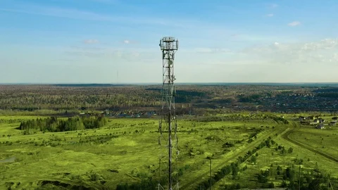 Mobile telecommunication cell tower aerial drone view Stock Footage 129441952