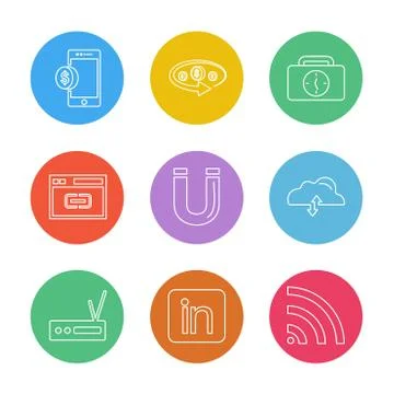 Mobile , tine , breifcase , magnet , cloud , upload , radio , linkedin , wifi Stock Illustration