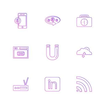 Mobile , tine , breifcase , magnet , cloud , upload , radio , linkedin , wifi Stock Illustration