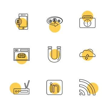 Mobile , tine , breifcase , magnet , cloud , upload , radio , linkedin , wifi Stock Illustration