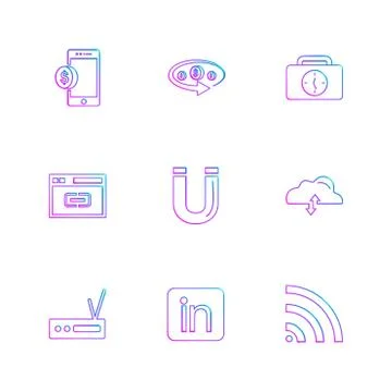Mobile , tine , breifcase , magnet , cloud , upload , radio , linkedin , wifi Stock Illustration