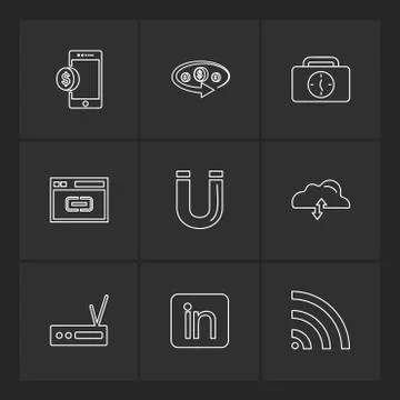 Mobile , tine , breifcase , magnet , cloud , upload , radio , linkedin , wifi Stock Illustration