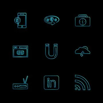 Mobile , tine , breifcase , magnet , cloud , upload , radio , linkedin , wifi Stock Illustration