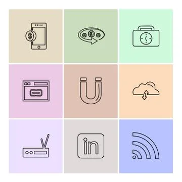 Mobile , tine , breifcase , magnet , cloud , upload , radio , linkedin , wifi Stock Illustration