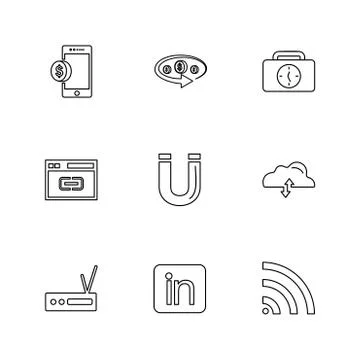 Mobile , tine , breifcase , magnet , cloud , upload , radio , linkedin , wifi Stock Illustration