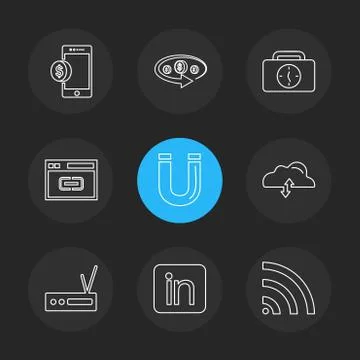 Mobile , tine , breifcase , magnet , cloud , upload , radio , linkedin , wifi Stock Illustration